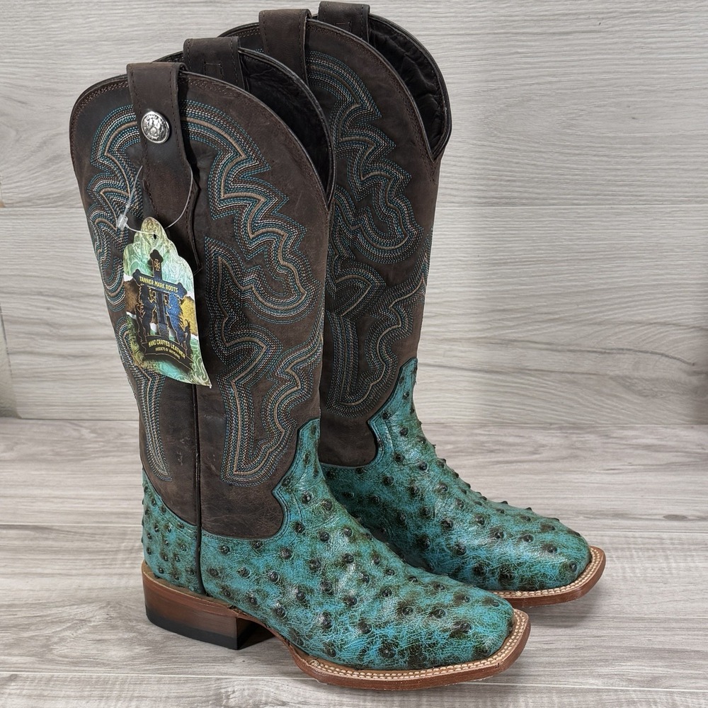Tanner Mark Turquoise Hand Tooled Leather Women's Western Boots Size 7.5